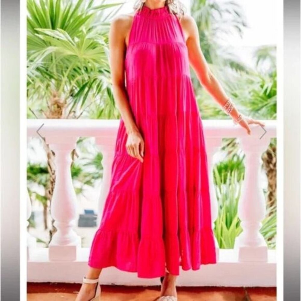 entro Hot Pink Tiered Halter Midi Dress